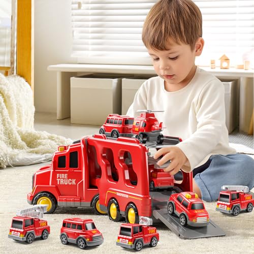 JUKUDAHU 7-in-1 Fire Trucks for Kids - Transport Truck for Boys | Sound and Light, Kids Toys for Ages 4-6, Birthday Gifts for Boys Girls Ages 5-7 4-8 Year Old - style: 7 IN 1 Fire Truck