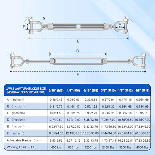 3/8"x6" Stainless Steel Turnbuckle Heavy Duty Cable Tensioner 2Pack | M10, Jaw and Jaw, UNC Thread, Marine Grade SS, with Locking Nut, for Cables Wire, Zipline, Shade Sail Hardware, 2100lbs WLL - size: 2 PACK 3/8" Jaw and Jaw Turnbuckle