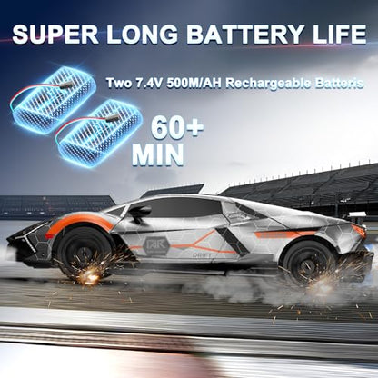 Remote Control Car RC Drift Car 1:16 Scale 4WD 18KM/H High Speed Model Vehicle 2.4GHz with LED Lights Spray Rubber Tire Racing Sport Toy for Adults Boys Girls Kids Gift 2Pcs Rechargeable Batteries - color: Silver
