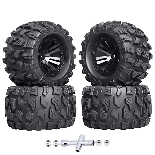 HobbyPark Pre-Glued 2.8" 12mm Hex 1/10 Scale RC Truck Tires and Wheels for Brushless Traxxas Rustler 4x4 VXL Stampede 4x4 2WD Redcat Volcano EPX Pro S30 Blackout XTE Pro(4-Pack)