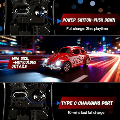 Mini RC Car, Alloy 1/64 RC Car [LED Lights] [3 Speeds Modes] [Rechargeable Battery] Retro Beetle with Remote Control,RED - color: Red