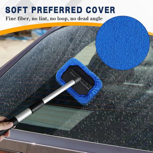 Windshield Cleaning Tool, Car Window Cleaner, Vehicle Window Cleaner with Extendable Handle & 2 Washable Microfiber Pads, Car Interior Glass Wiper Cleaning Kit for Most Vehicles (Blue) - color: Blue