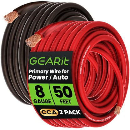 GEARit 8 Gauge Wire (50ft Each- Black/Red Translucent) Copper Clad Aluminum CCA - Primary Automotive Wire Power/Ground, Battery Cable, Car Audio Speaker, RV Trailer, Amp, Electrical 8ga AWG 50 Feet - color: 8 Gauge Wire, size: Black/Red - 50ft Each