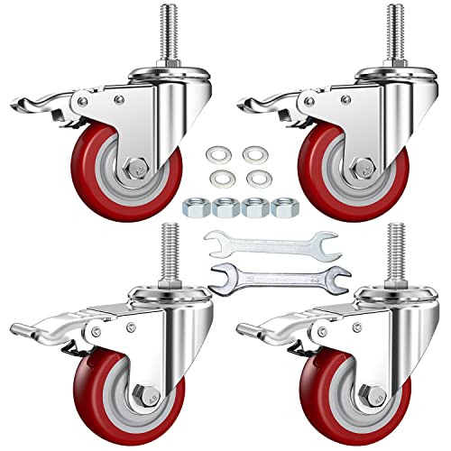 3 Inch Swivel Stem Casters Heavy Duty American Size UNC 1/2"-13x1-1/2 Stem Thread Wheels 360 Degree Durable Wheels Dual Safety Locks Castors with 600 Lbs Capacity Pack of Four - color: Red, size: 3 Inch