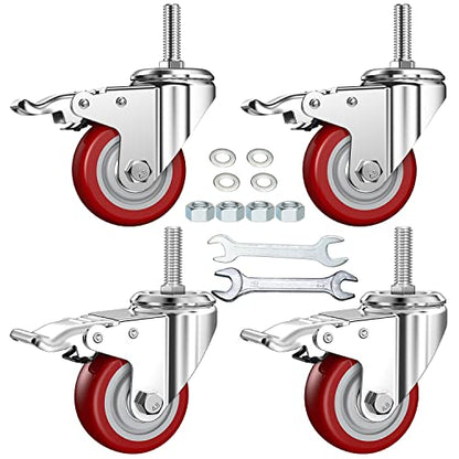 3 Inch Swivel Stem Casters Heavy Duty American Size UNC 1/2"-13x1-1/2 Stem Thread Wheels 360 Degree Durable Wheels Dual Safety Locks Castors with 600 Lbs Capacity Pack of Four - color: Red, size: 3 Inch