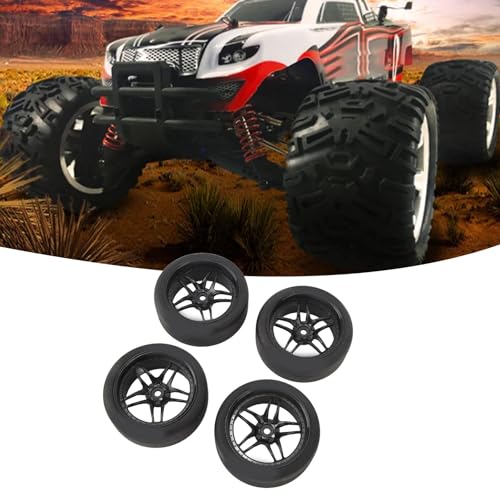 4pcs RC Tires Wheels Rims Set, 1/10 Scale Rubber Tires with 12mm Hex Hub, 26mm Wide Smooth Drift Tires for RC Racing and Drifting Cars Compatible with TT01 HSP (Black) - color: Black