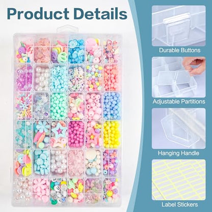 DILIBRA 2 Pack 36 Grids Large Plastic Organizer Box with Adjustable Divider | Clear Craft Organizers Bead Organizers with Label Stickers, Compartment Container for Beads Crafts Jewelry Fishing Tackles - size: 2 Pack 72 Grids
