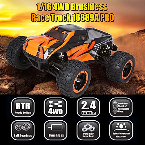 GoolRC 16889A Pro RC Cars, 1:16 Scale Remote Control Car, 4WD 45KM/H High Speed Brushless Motor RC Truck, 2.4GHz All Terrains Off-Road Electric Toy Vehicle for Adults - size: 1 Battery