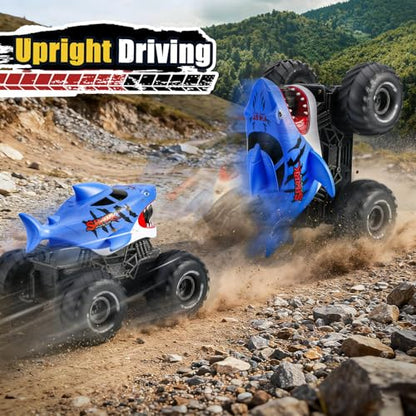 BOBXIN Amphibious Remote Control Car Shark Monster Truck Squirt Water Blue | Waterproof 4WD All-Terrain Off-Road 2.4Ghz RC Boat Car Pool Water Toys for Kids Age 6+ - color: Blue