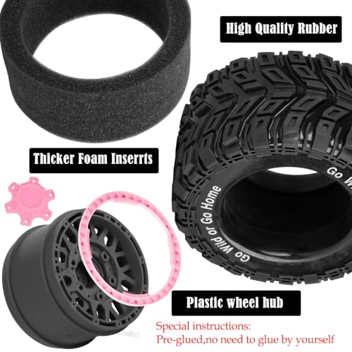 RC Truck Tires Wheel for 1/10 Big Rock Granite Vortek 3s / Stampede Rustler RC Car,4-Pack RC Wheels Tires Plastic Wheels w/12mm/14mm/17mm Replaceable Hex,Pink-Black - color: Pink-black- (Rc Tires Wheel)