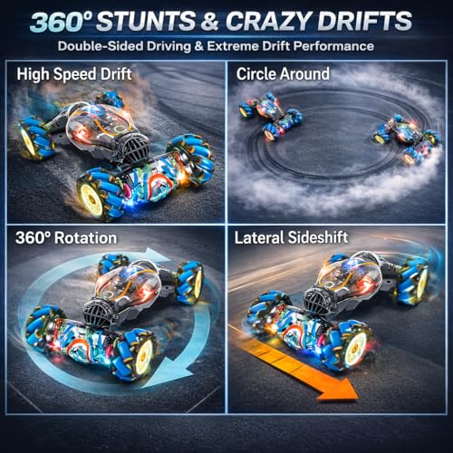 Gesture Control RC Car for Kids – Transparent Colorful Twist Drift Stunt Car, Hand Gesture Sensor, 4WD Double-Sided Car, 360° Spins & Flips, LED Lights, Spray Exhaust, All-Terrain Toy Boys 6-12