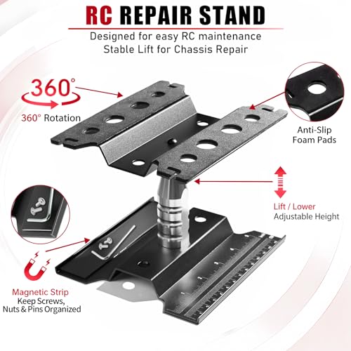 RC Car Repair Work Stand Lift Lower Adjustable Workstation Aluminum 360 Degree Rotation for 1/8 1/10 1/12 RC Car Traxxas Slash TRX4 Arrma Axial SCX10 Losi Redcat Wltoys RC Crawler Monster Truck Buggy - color: Lift Lower Black