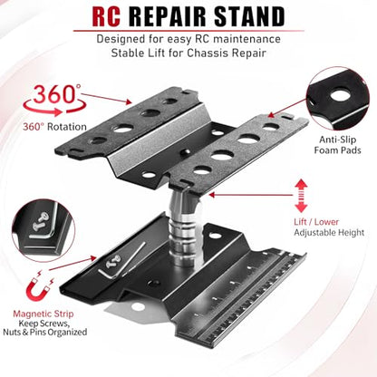 RC Car Repair Work Stand Lift Lower Adjustable Workstation Aluminum 360 Degree Rotation for 1/8 1/10 1/12 RC Car Traxxas Slash TRX4 Arrma Axial SCX10 Losi Redcat Wltoys RC Crawler Monster Truck Buggy - color: Lift Lower Black