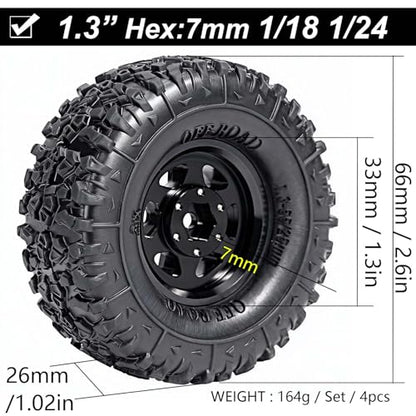 1.3” Aluminum Beadlock Wheels & Mud Terrain Tires Set for 1/18 1/24, -6.0mm Offset RC Crawler Car Fits TRX4M, Axial SCX24 AX24, Redcat Ascent-18, FCX24, 66 x 26mm, Pre-Assembled 4 pcs Black - color: Black