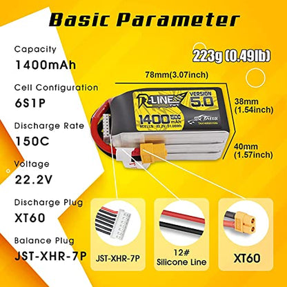 TATTU R-Line Version 5.0 6S Lipo Battery 22.2V 150C 1400mAh Lipo Battery Pack with XT60 Plug for Racing