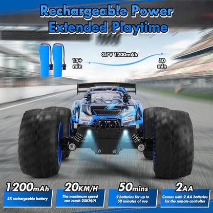 Remote Control Car, Rechargeable 1:18 Rc Cars, All-Terrain RC Truck | Remote Control Truck for Boys 4-7 8-12 with LED Light, 20KM/H, 2WD, 2.4GHz, Sturdy PVC Shell, Beginner-Blue - color: Blue