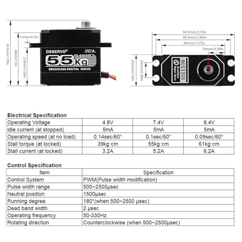 55KG Brushless servo Full Metal Gears High Torque Fast Digital Servo for 1/8 1/10 1/12 RC Car/Shockproof Rc Car Servo (180 Degree) - color: Black180 Degree