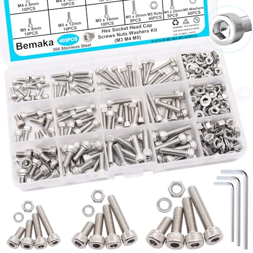 405PCS M3 M4 M5 Metric Screw Assortment Kit, 8-20mm Hex Socket Head Cap Screws Bolts Nuts Washers Assortment Kit, 304 Stainless Steel Metric Bolts with 3 Hex Wrench - size: SS M3 M4 M5, style: Socket Head