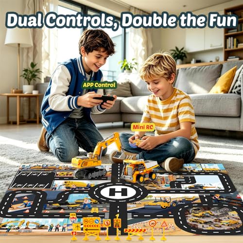 Mini RC Excavator and Dump Truck 1:64 Scale for Kids Adults | Desktop Alloy Remote Control Construction Vehicles with Lights, Sound, Variable Speed, Includes Traffic Signs and Play Mat