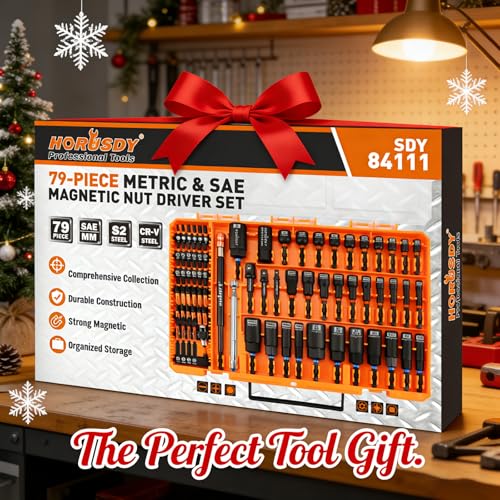 Upgraded 79-Piece Magnetic Impact Nut Driver Set, Metric & SAE with 3LB Magnetic Pickup Tool, Socket Adapters, Wing Nut Driver, Universal Sockets, Quick-Change Bit Holder & Extensions, Power Bits - style: Multi-Use Kit