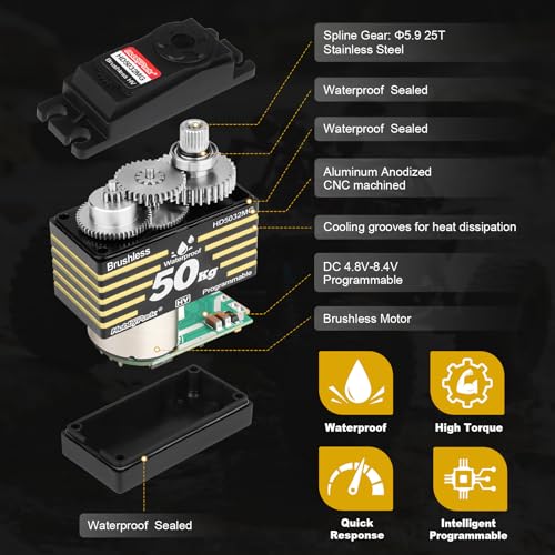 HobbyPark 50kg Servos Waterproof High Torque RC Steering Servo Brushless Motor Fast Speed Standard Size HV Stainless Steel Gears for 1/8 1/10 RC Crawler Car Truck Buggy Control Angle 180° Programmable
