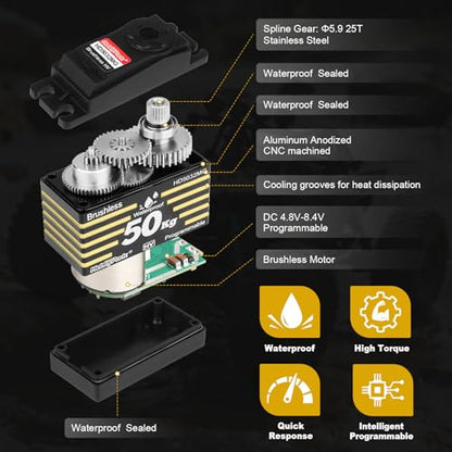 HobbyPark 50kg Servos Waterproof High Torque RC Steering Servo Brushless Motor Fast Speed Standard Size HV Stainless Steel Gears for 1/8 1/10 RC Crawler Car Truck Buggy Control Angle 180° Programmable