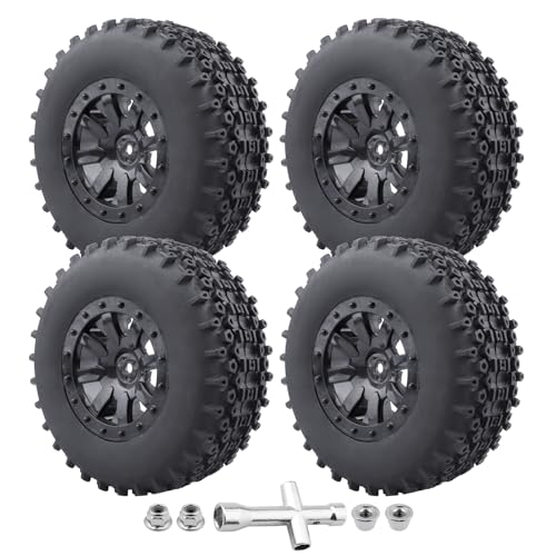 Pre-Glued 1/10 RC Short Course Truck Wheels and Tires Combo 12mm Hex - Compatible with Traxxas Slash 4X4 BL-2S, Losi Tenacity, Redcat Blackout(Set of 4)