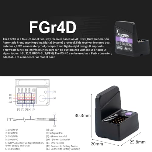 Goolsky Flysky FGr4D Receiver, 2.4GHz 4CH Waterproof Receiver Built-in Dual Antenna Compatible with Flysky All AFHDS 3 RC Transmitter Noble NB4 PL18 EL18 for RC Car Boat