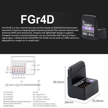Goolsky Flysky FGr4D Receiver, 2.4GHz 4CH Waterproof Receiver Built-in Dual Antenna Compatible with Flysky All AFHDS 3 RC Transmitter Noble NB4 PL18 EL18 for RC Car Boat