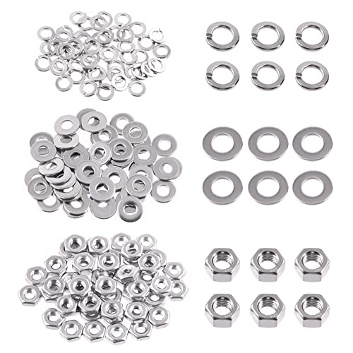 Swpeet 150Pcs Metric 304 Stainless Steel M3 Hex Nuts and M3 Flat Washers with Split Lock Washers Assortment Kit, Coarse Thread Hexagon Nut for Home Automotive Shop Use - size: M3 Hex Nuts & Washers
