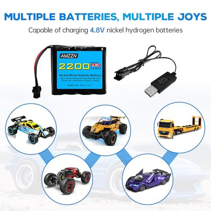4.8V 2200mAh AA NiMH Battery SM-2P Plug with USB Charger Remote Control Toy Car Battery for SY-E511 RC Excavator, E562 TD141 RC Vehicle, Truck, and Off-Road Vehicle Batteries