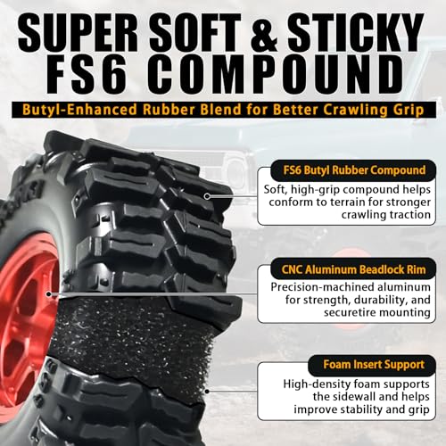 0.7” FS6 Super Soft Rubber Tires & CNC -1mm Offset Aluminum Beadlock Rims, 40×16mm Micro Crawler Wheels Tires Set for Axial SCX30 Redcat Ascent-32 1/30–1/32 RC Crawler, 4PCS Red - color: Red