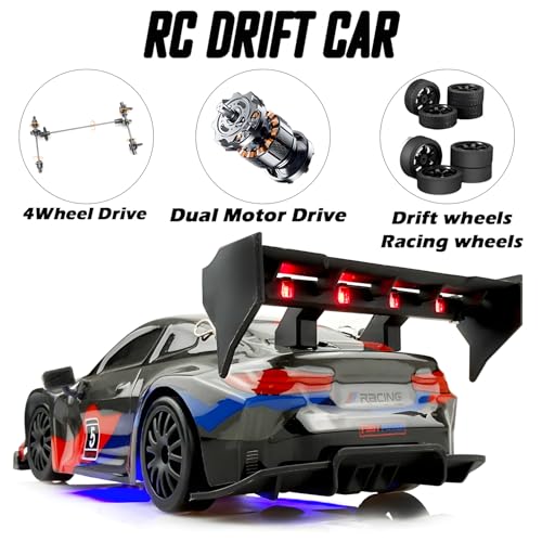 HTURCCOP RC Drift Car 2.4GHz 1:24 Scale 4WD 25KM+/H High Speed Model Vehicle with LED Lights Drifting Tire Racing Sport Toy Car for Adults Boys Girls Kids Gift (Black) - color: Black
