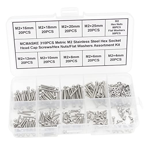 Metric M2 304 Stainless Steel Socket Head Cap Screws Hex Nuts/Flat Washers Assortment Kit - size: M2