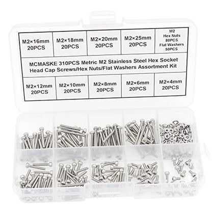 Metric M2 304 Stainless Steel Socket Head Cap Screws Hex Nuts/Flat Washers Assortment Kit - size: M2