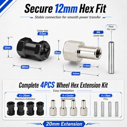 4PCS 12mm Hex Hub 20mm Aluminum Extension Hex for Axial SCX10 D90 90046 | 20mm CNC Wheel Hex Extenders for 1/10 RC Crawlers Redcat Gen7/Gen8 CC01 RC4WD Wider Stance & Tire Clearance with M4 Nuts Pins - color: Black