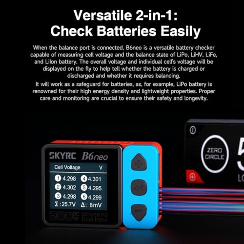 GoolRC B6neo Smart Charger Lipo Battery Charger, DC 200W PD 80W Battery Balance Charger Discharger for 1-6s LiPo/Life/LiIon/LiHV Battery, 1-15s NiMH/NiCd Batteries (Black) - color: Black