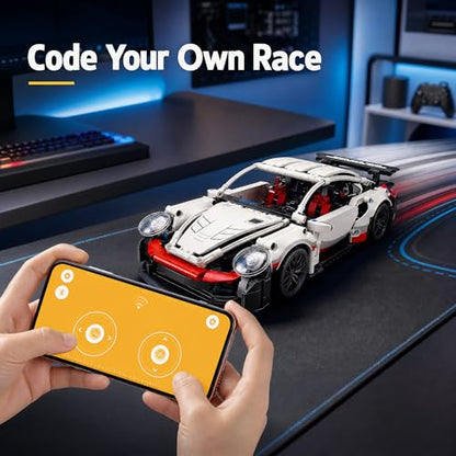 RC Car Building Kit, 1:14 App Control Car Kit with LEDs | car kit with 825 pieces, LED lights plus app and remote control; built for display, collection, gifting, and remote play.