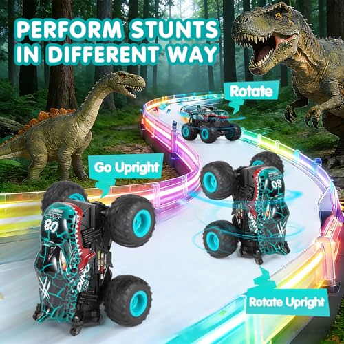 DYODYORC Remote Control Car, 2.4Ghz All Terrain Dinosaur Monster Truck Toys, RC Truck with Music, 3 Lighting Effects, 360 Stunt Capable, 2 Batteries Ready to Run, Toy Gifts for Boys and Girls (Cyan) - color: Cyan Dinosaur