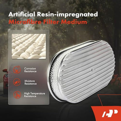 A-Premium Universal Air Cleaner Filter Assembly | 15" x 2", Oval Chrome Polished Full Finned Air Cleaner