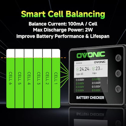 OVONIC C30 Battery Checker with Servo Tester, 1-8S LiPo LiHV Life Li-Ion Battery Voltage Tester, PWM/PPM Signal Test, USB-C 30W & USB-A 22.5W Power Output, Cell Balancer