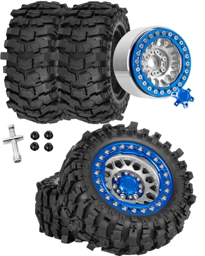 1.9 Beadlock Wheel & Tire Set, 88x36mm Rubber Crawler Tires Aluminum Alloy 1.9 Inch Beadlock Rims Compatible with 1/12 M-J-X H12Y H12Y+ H12P, MN-128 RC Climbing Car,Silver w/Navy Blue - color: Silver W/Navy Blue