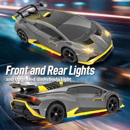 YONCHER RC Drift Car, Remote Control Car for Kids Lamborghini Officially Licensed, 1:24 20KM/H 4WD RC Cars with Lights, Fast Racing Toy Car for Boys Girls, Gray - color: Sto Gray