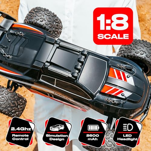 1:8 Scale All Terrain RC Monster Truck 45KM/H for Adults Boys | 2.4GHz Remote Control High Speed Off Road Racing Car with 2 Rechargeable 2600mAh Batteries