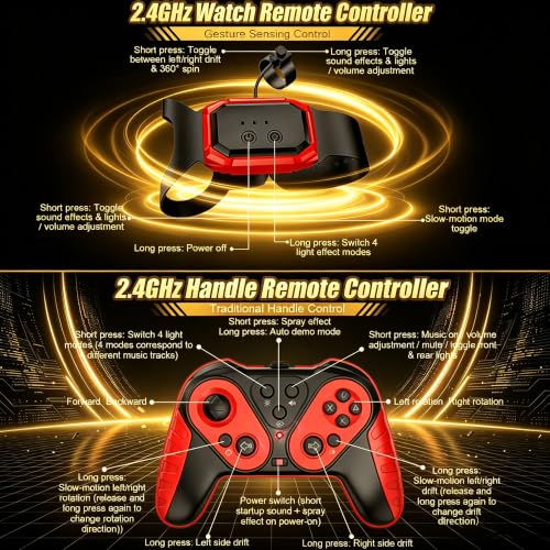 Gesture Sensing RC Stunt Car, 4WD Drifting Remote Control Car for Boys 4-12 | 2.4GHz 50 Min Play Dual Batteries, Mist Spray & LED, 360° Spinning, Birthday Gift for Kids Ages 4-12, Party Gifts, Black - color: 3-black