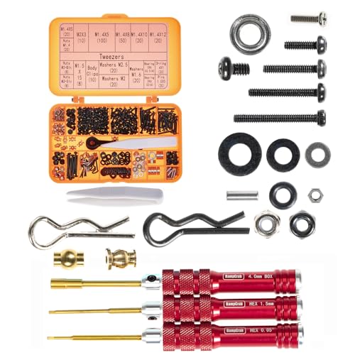 RampCrab Button Head Screws Kit for SCX24 & AX24 RC Car, 372Pcs, Come with Screwdriver, Hardened Steel Grade 12.9 Screws, Bearing & Hardwear with Box for 1/24 RC Car SCX24, AX24