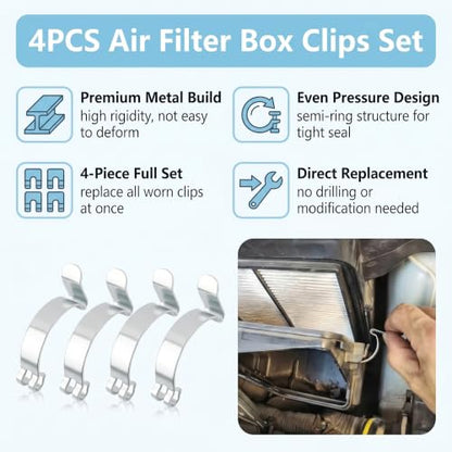 4PCS Air Filter Clips, High Strength Metal Air Filter Box Clips, Heavy Duty Airs Filters Box Latch for Fastening Connection, Universal Car Cleaner Housing Lid Spring Clip Retaining Clamp
