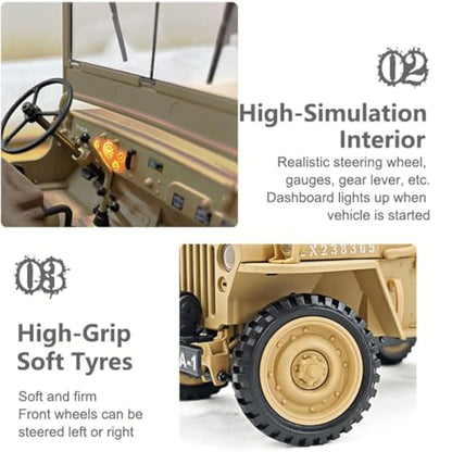 HG4-58 RC Off-Road Truck, 1/14 Scale All Terrain Dual-Speed 4WD Crawler with Sound & Lights, RTR Willys Military RC Truck Car for Hobby Enthusiasts - color: Desert Yellow