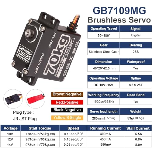 GOTECK 70KG Brushless Digital Servo,High Voltage 14V Metal Gear Waterproof Steering Servo with 25T Servo Horn for 1/8 1/10 RC Crawler Car,Robot,Boat,Truck Robot Parts (GB7109MG-180°)