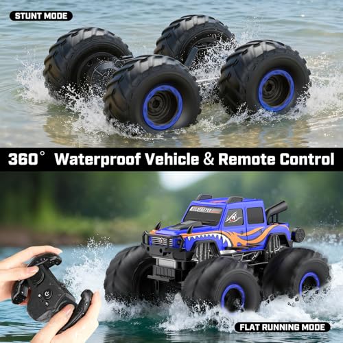 WayEee Amphibious Remote Control Car All Terrain RC Monster Truck Toys/Blue | waterproof 4X4 monster truck off-road vehicles 2.4GHz remote control 1/18 Scale rc car toy for kids 6+ boys girls gifts - color: Blue